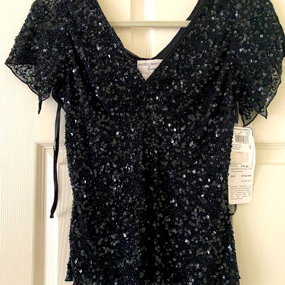 Black Beaded/Sequins Silk Evening Blouse by Papell Boutique (Small)